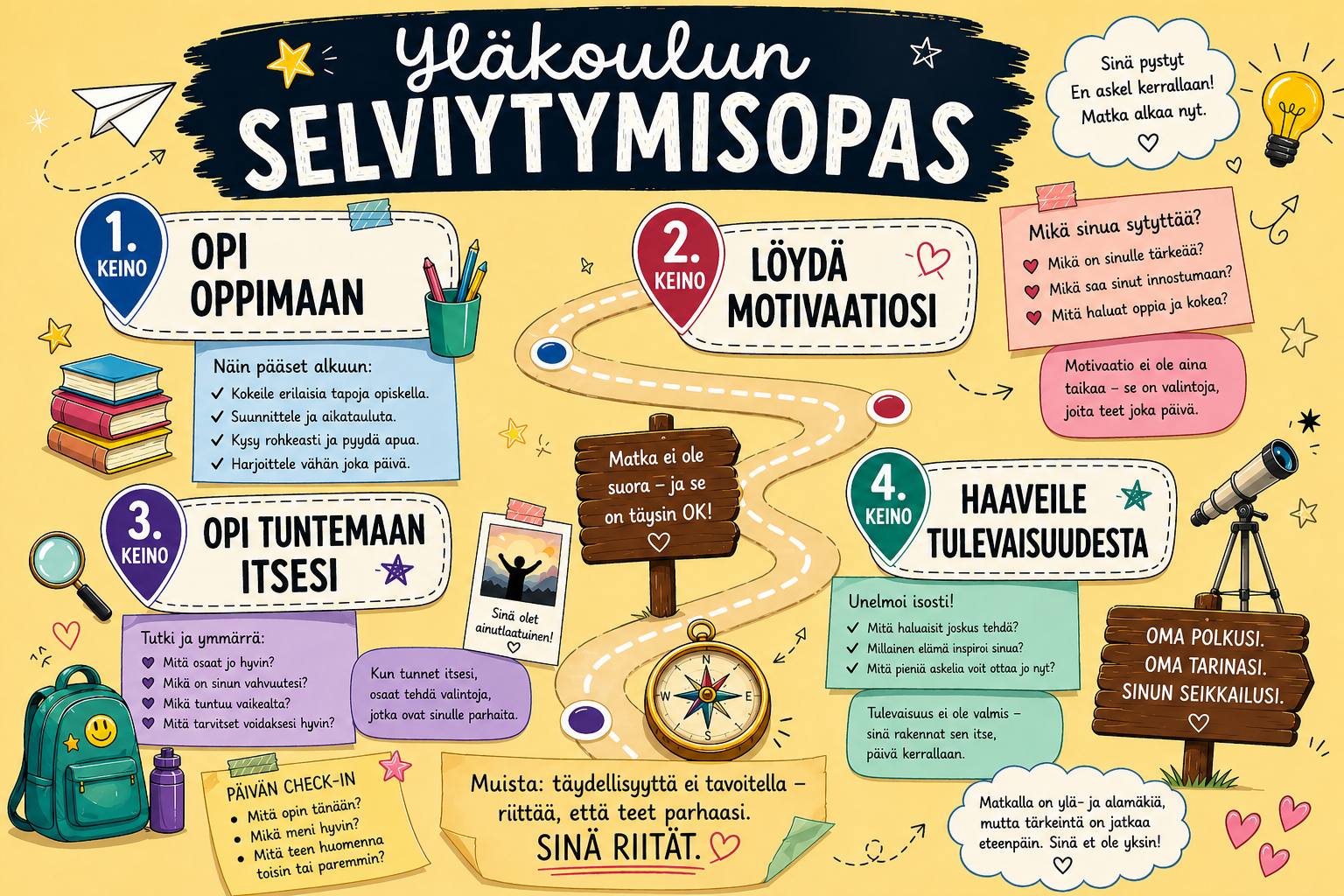 Yläkoulun selviytymisopas – neljä selviytymiskeinoa: opi oppimaan, löydä motivaatiosi, opi tuntemaan itsesi ja haaveile tulevaisuudesta